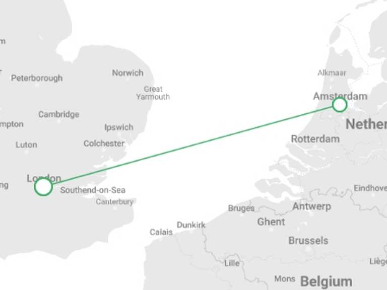 Map itinerary of London Tour in Spring with 2 destination visits for the trip: Amsterdam for Easter