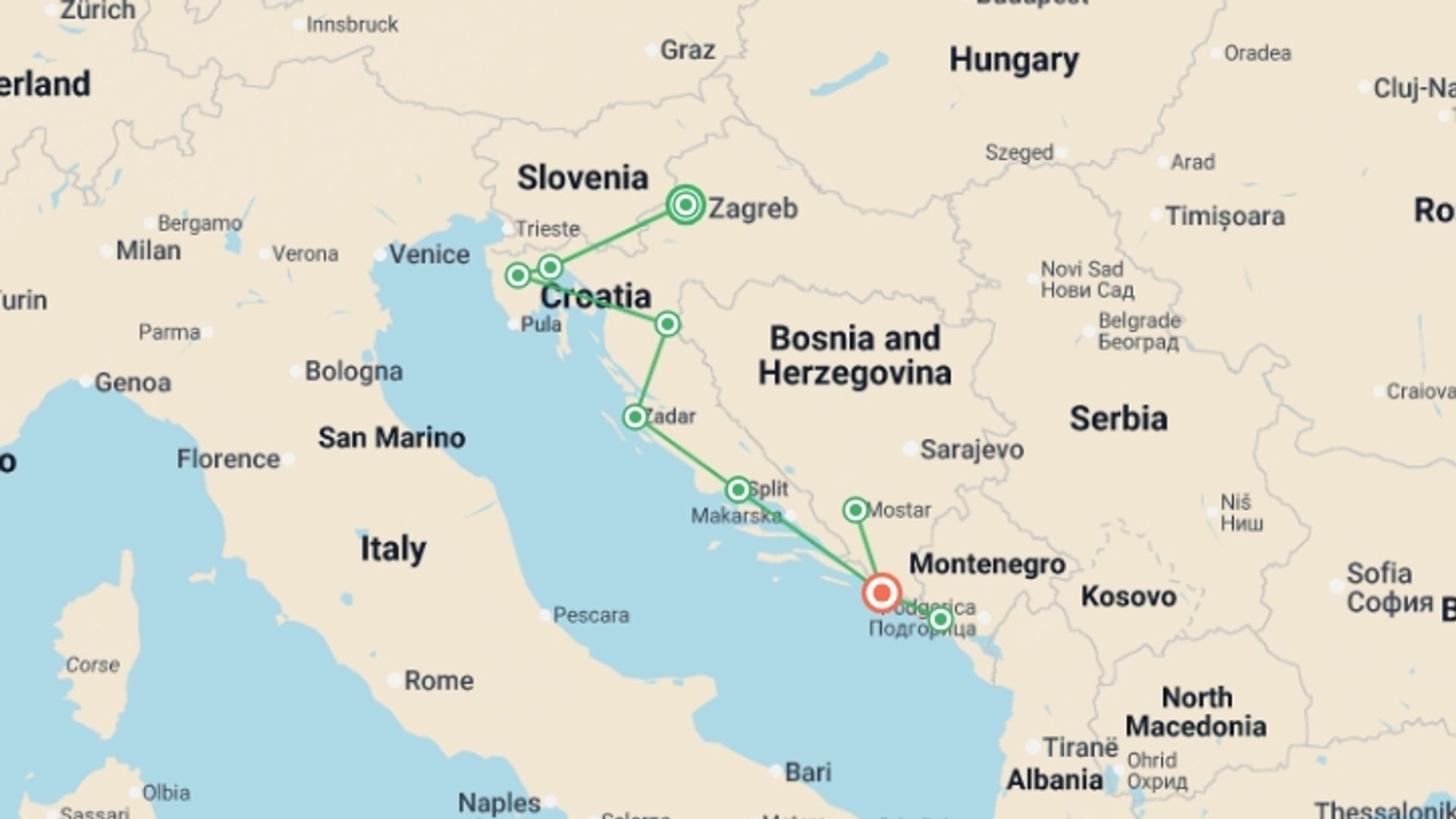 A map showing the tour itinerary for the trip: Croatia, Mostar & Montenegro - 11 days, starting in Zagreb, Croatia and ending in Dubrovnik, Croatia going through 4 other destinations.