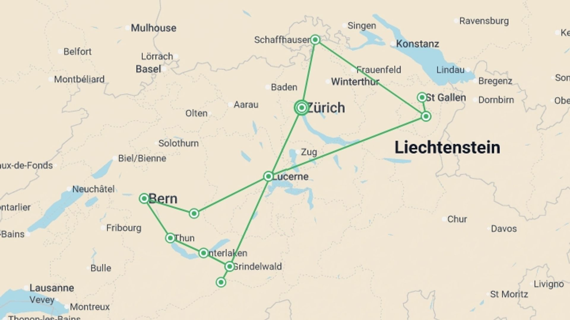 A map showing the tour itinerary for the trip: Mountains, Valleys and Lakes of Switzerland, starting in Zurich, Switzerland and ending in Zurich, Switzerland going through 4 other destinations.