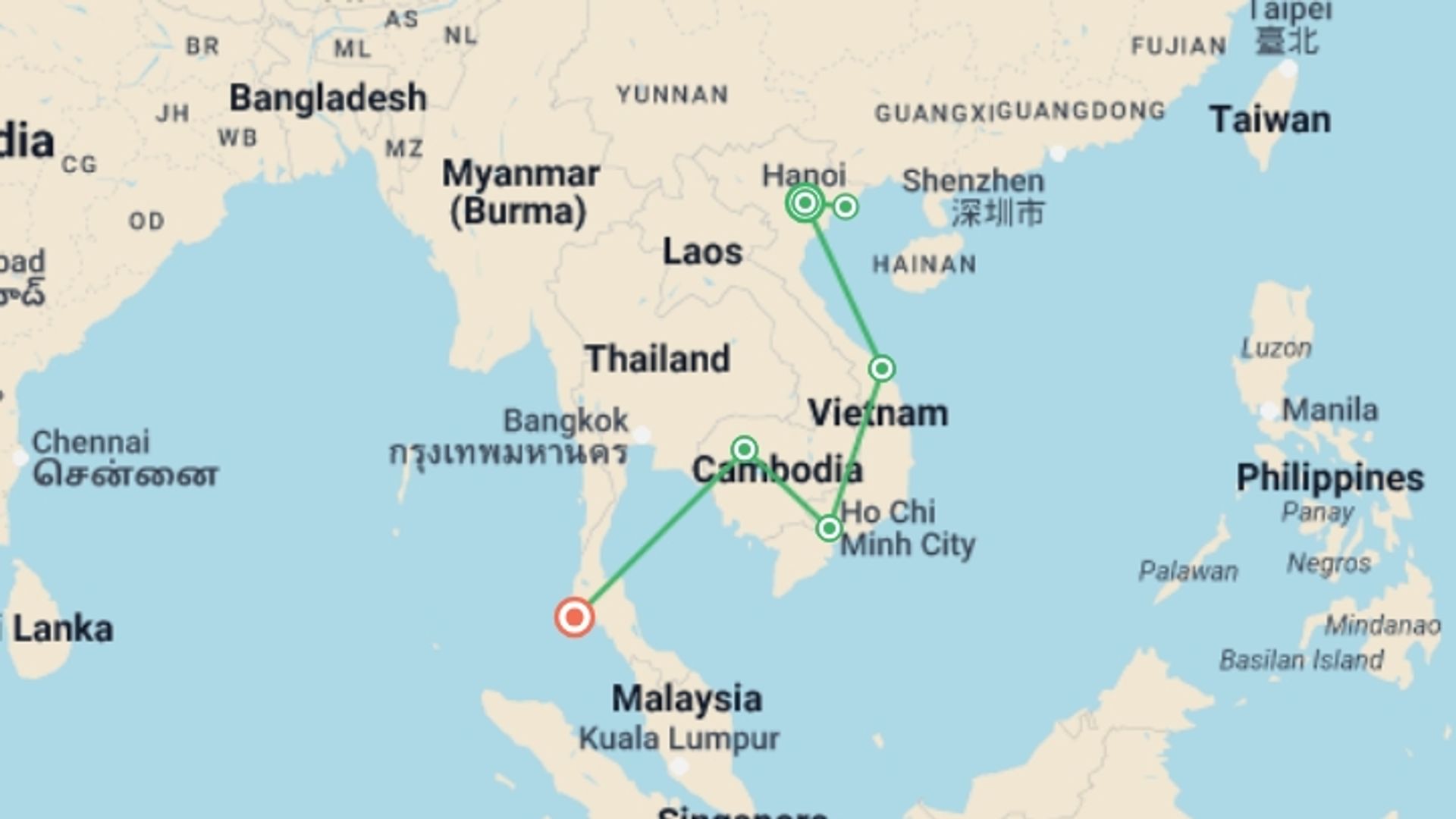 A map showing the tour itinerary for the trip: Indochina Odyssey In 16 Days, starting in Hanoi, Vietnam and ending in Phuket, Thailand going through 5 other destinations.
