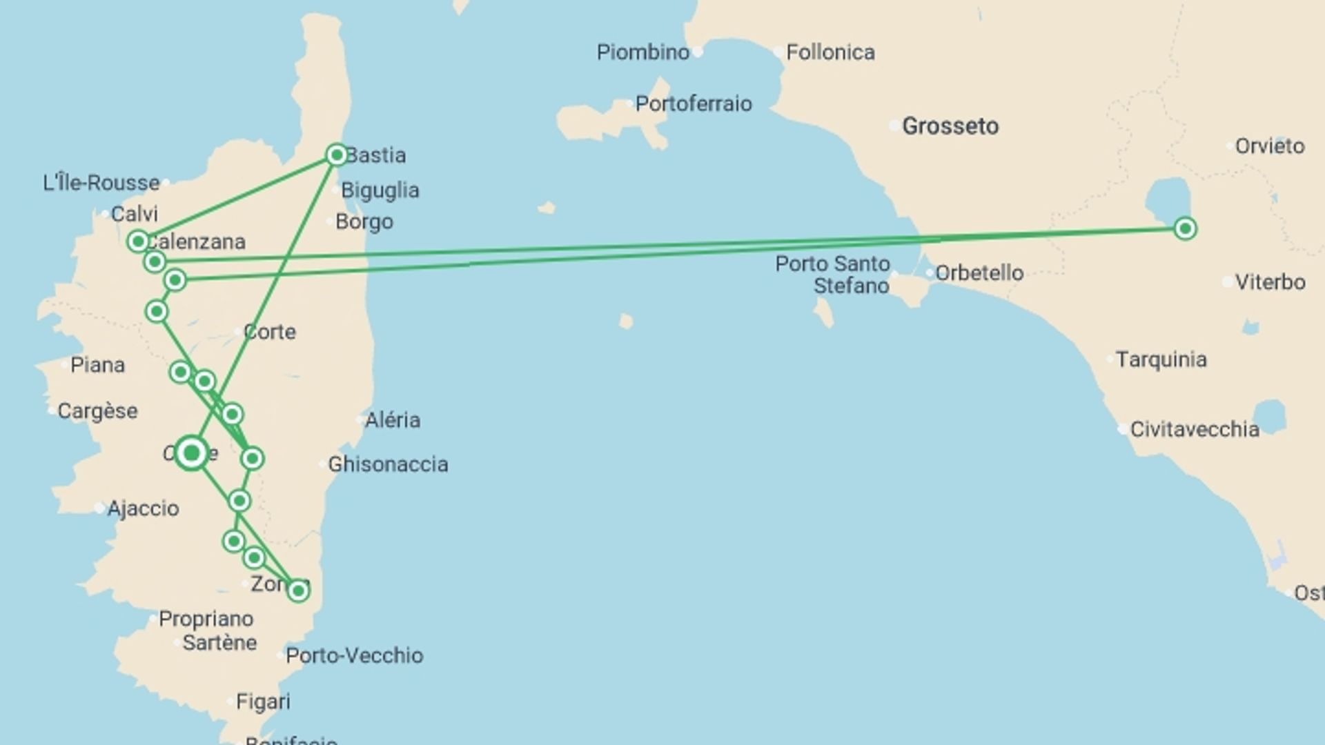 A map showing the tour itinerary for the trip: Trek the GR20 of Corsica, starting in Corsica, France and ending in Corsica, France going through 14 other destinations.