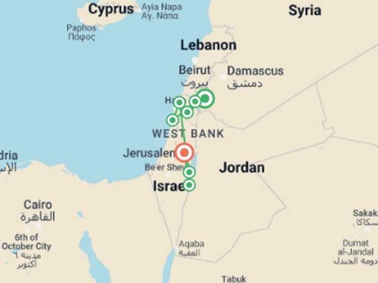 Map itinerary of Jerusalem Tour in May 2026 with 6 destination visits for the trip: Classical Israel Tour Package, 5 Days From Tel Aviv