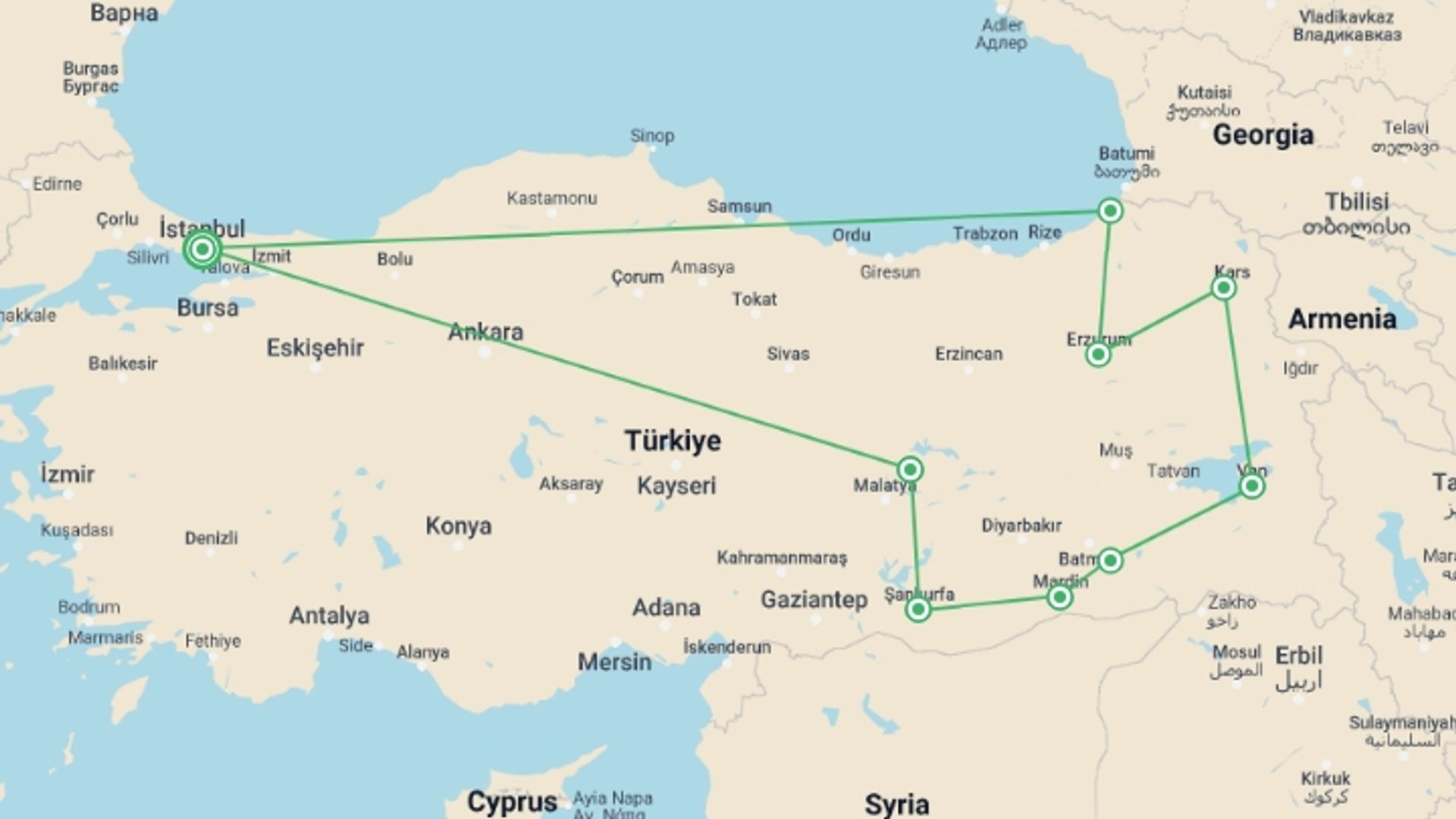 A map showing the tour itinerary for the trip: Eastern Turkey Tour, starting in Istanbul, Turkey and ending in Istanbul, Turkey going through 8 other destinations.
