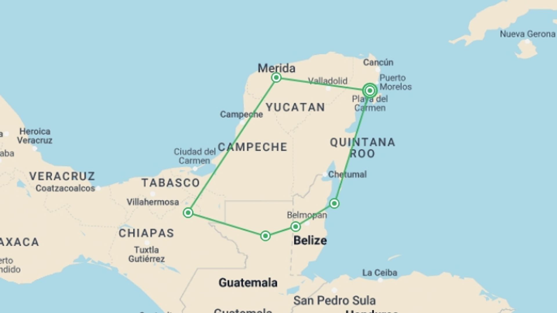 A map showing the tour itinerary for the trip: Mayan Discovery, starting in Playa Del Carmen, Mexico and ending in Playa Del Carmen, Mexico going through 6 other destinations.