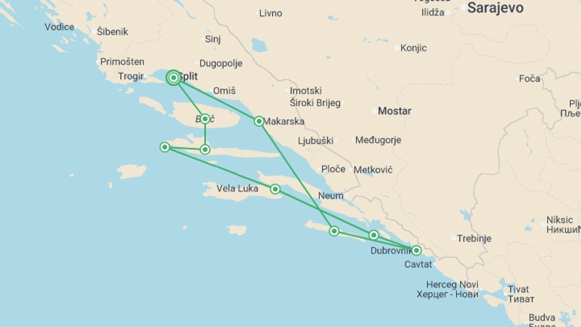 A map showing the tour itinerary for the trip: Sailing Split (Premium Plus) - 8 days, starting in Split, Croatia and ending in Split, Croatia going through 6 other destinations.