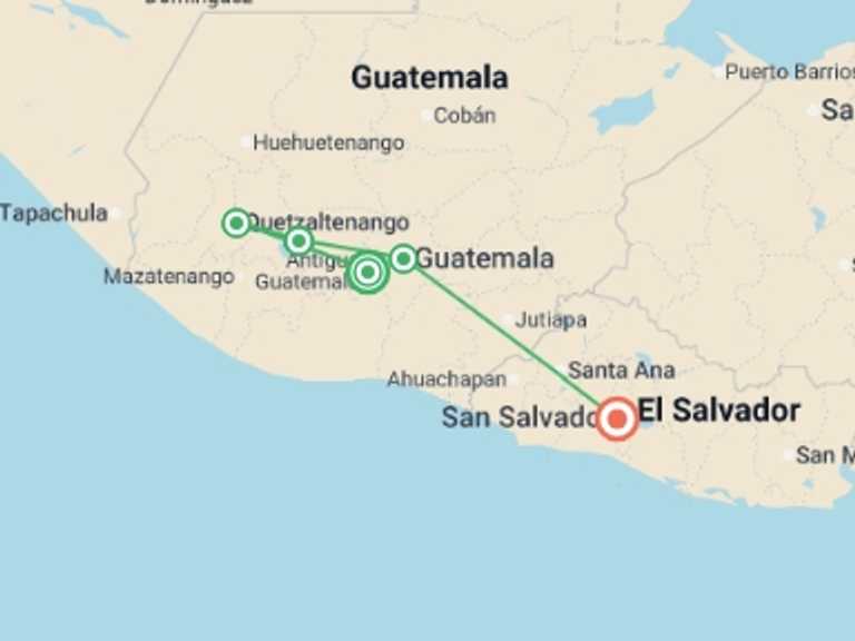 Map itinerary of Antigua Tour in Spring with 5 destination visits for the trip: Guatemala & Beyond