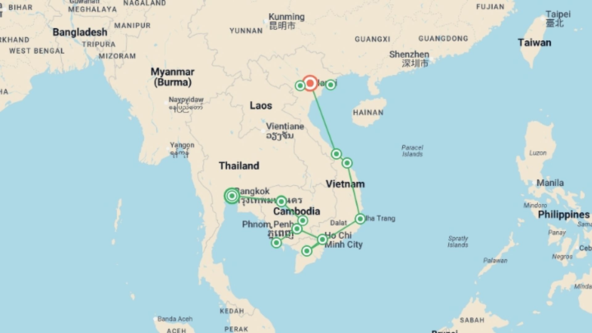 A map showing the tour itinerary for the trip: Cambodia & Vietnam Experience, starting in Bangkok, Thailand and ending in Hanoi, Vietnam going through 12 other destinations.