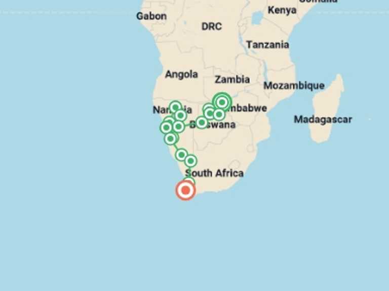 Map of Africa Wildlife safaris and game drives Tour with 17 destination visits for the trip: Southern Africa Southbound: Dunes, Deltas & Falls