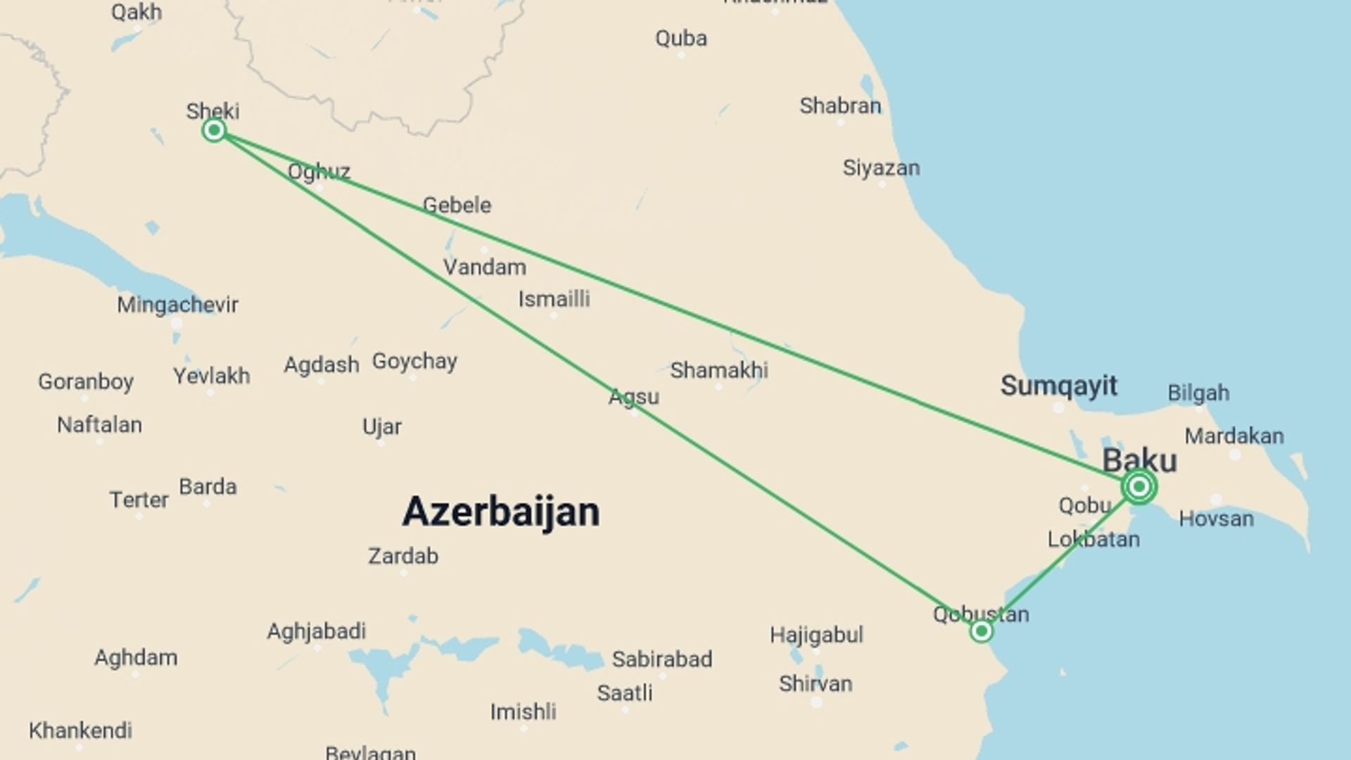 A map showing the tour itinerary for the trip: 8 day private tour in Azerbaijan, starting in Baku, Azerbaijan and ending in Baku, Azerbaijan going through 2 other destinations.