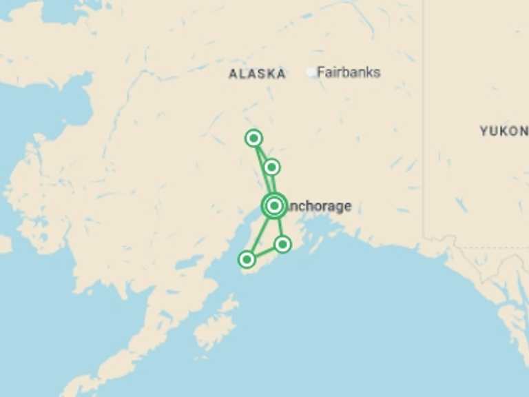 Map itinerary of USA Tour in June 2026 with 5 destination visits for the trip: Best of Alaska