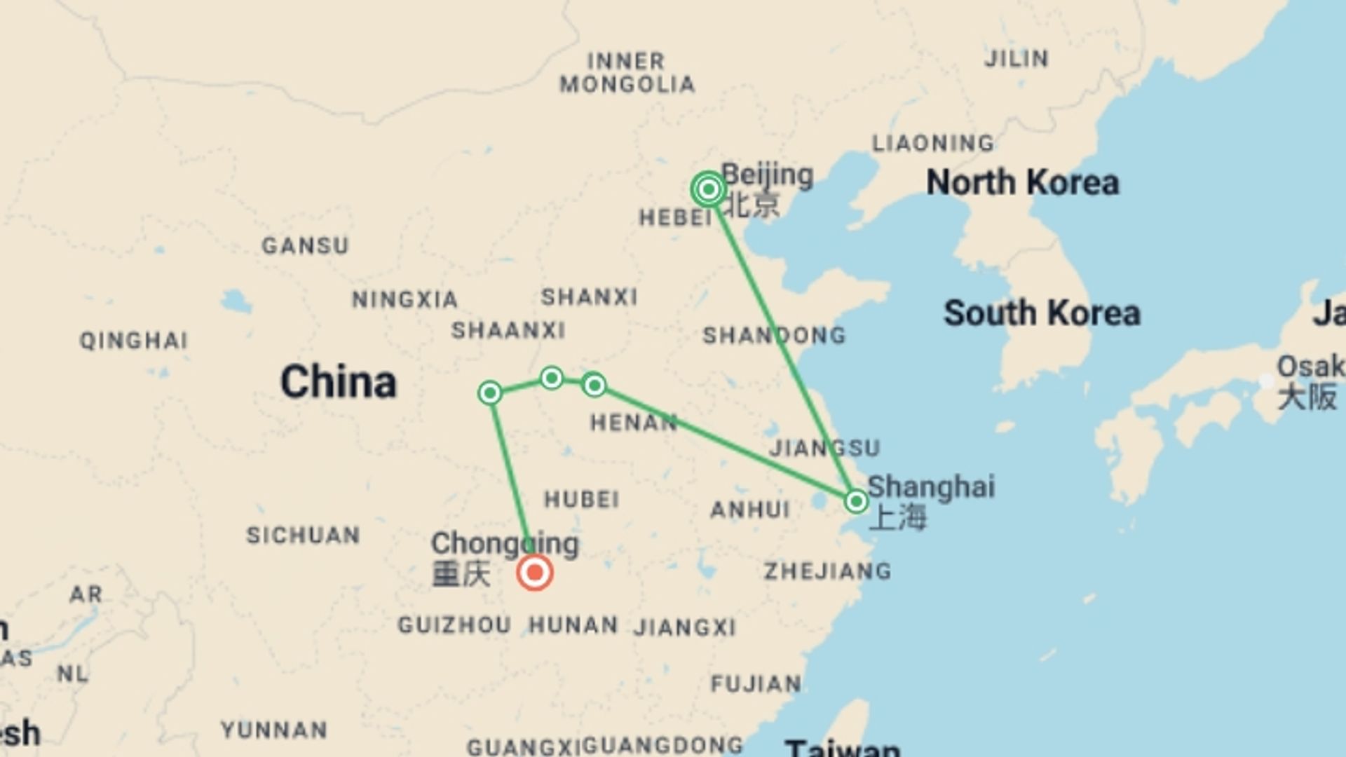 A map showing the tour itinerary for the trip: Authentic China and Avatar Dreams, starting in Beijing, China and ending in Zhangjiajie, China going through 3 other destinations.
