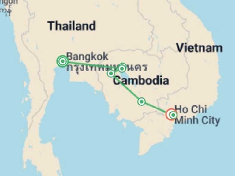 Map of Asia Tour with 7 destination visits for the trip: Journey through Cambodia: Bangkok to Saigon