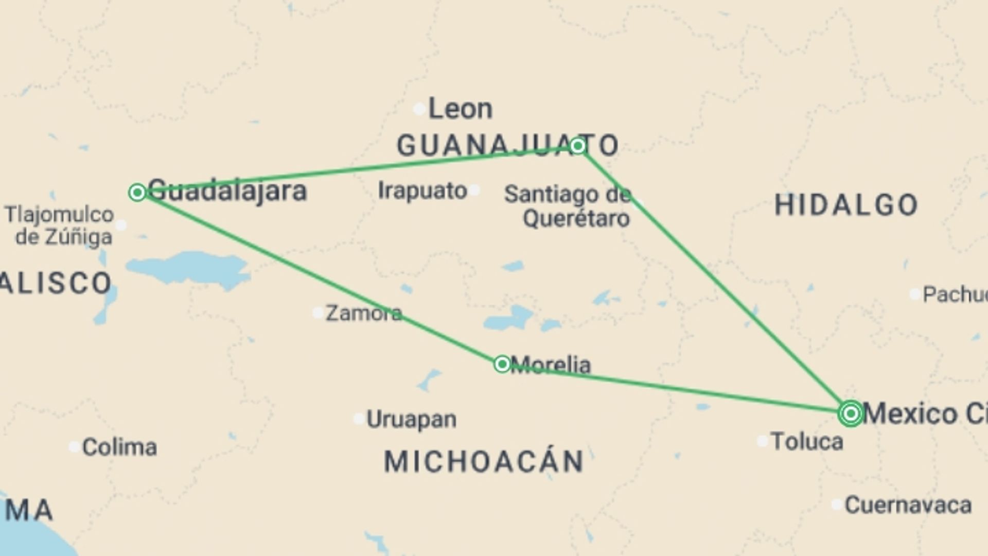 A map showing the tour itinerary for the trip: Colonial Treasures Of Mexico 2026, starting in Mexico City, Mexico and ending in Mexico City, Mexico going through 3 other destinations.