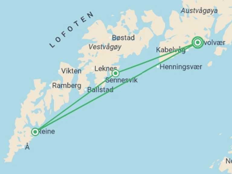 Map itinerary of Norway Tour in July 2026 with 4 destination visits for the trip: Hiking Norway's Lofoten Islands
