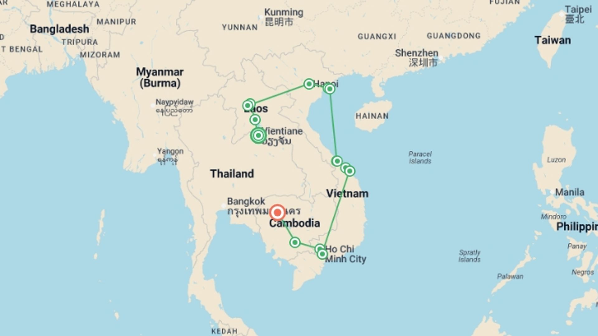 A map showing the tour itinerary for the trip: Jewels of Indochina, starting in Vientiane, Laos and ending in Siem Reap, Cambodia going through 13 other destinations.