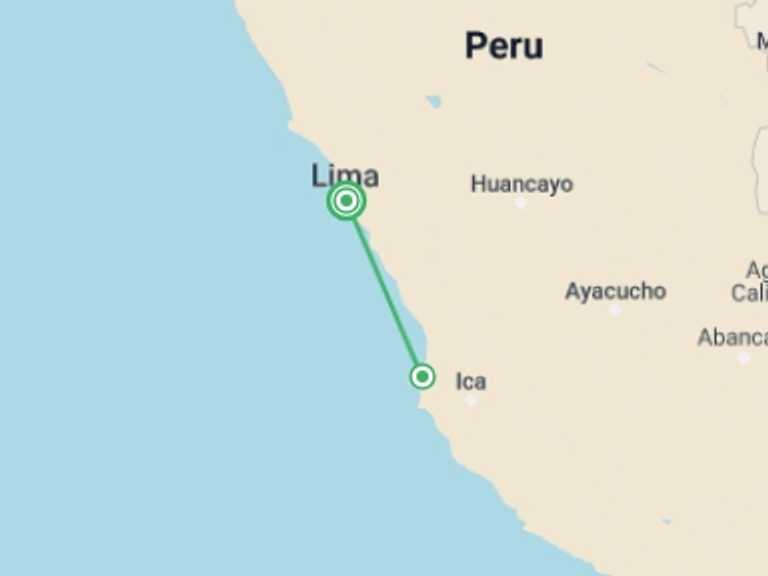 Map itinerary of Lima Tour in December 2026 with 2 destination visits for the trip: 2-Day Nazca Lines and Ballestas Islands from Lima