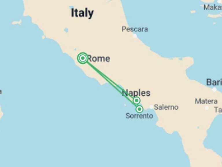 Map of Naples Sightseeing Tour with 4 destination visits for the trip: Naples Escape & Sorrento - Small-Group Tour