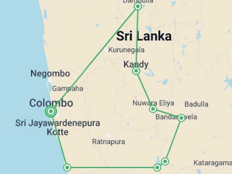 Map of a Natural landmarks sightseeing Tour with 8 destination visits for the trip: Sri Lanka Family Vacation 