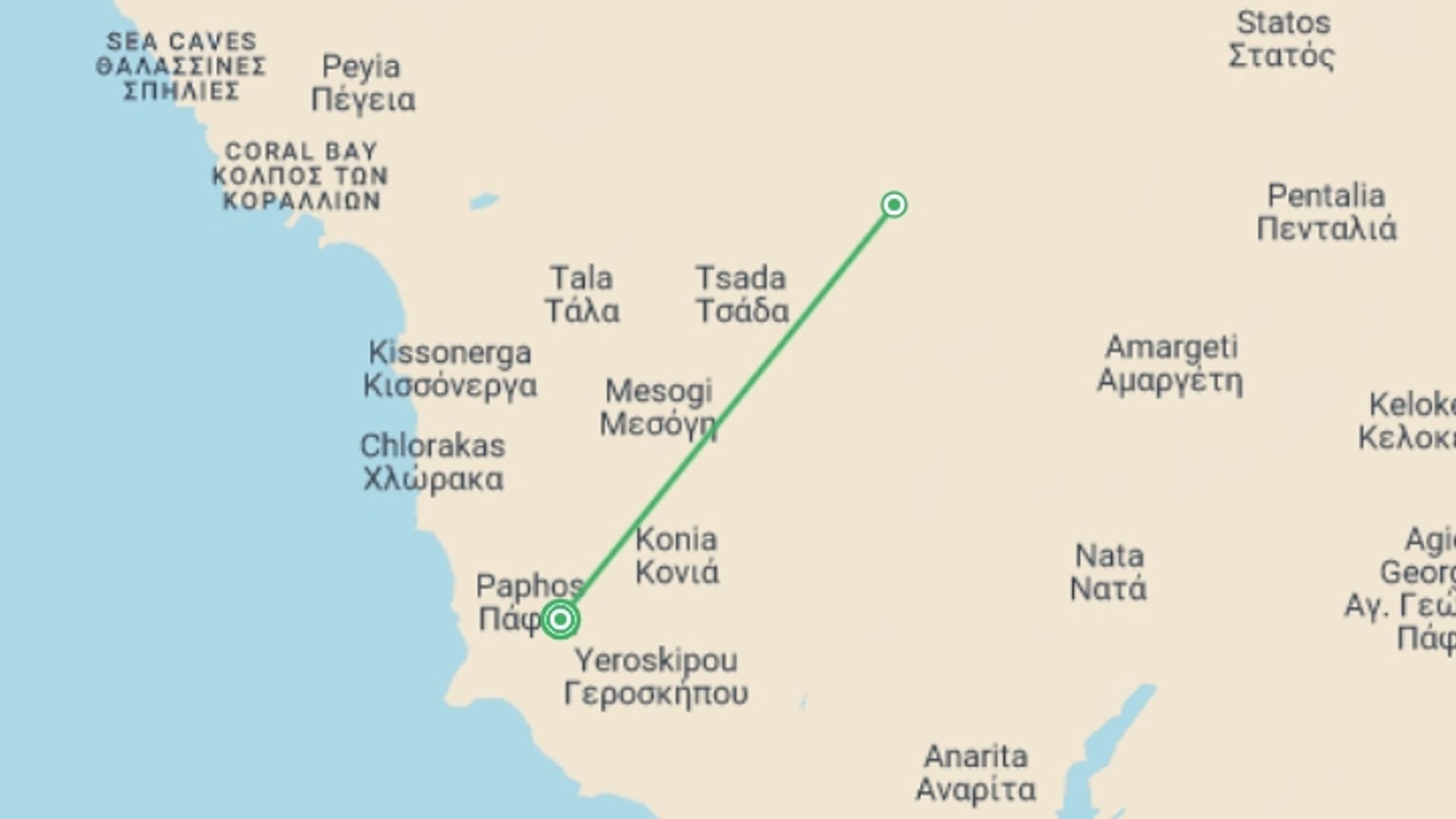 A map showing the tour itinerary for the trip: Active Cyprus, starting in Paphos, Cyprus and ending in Paphos, Cyprus going through 0 other destinations.