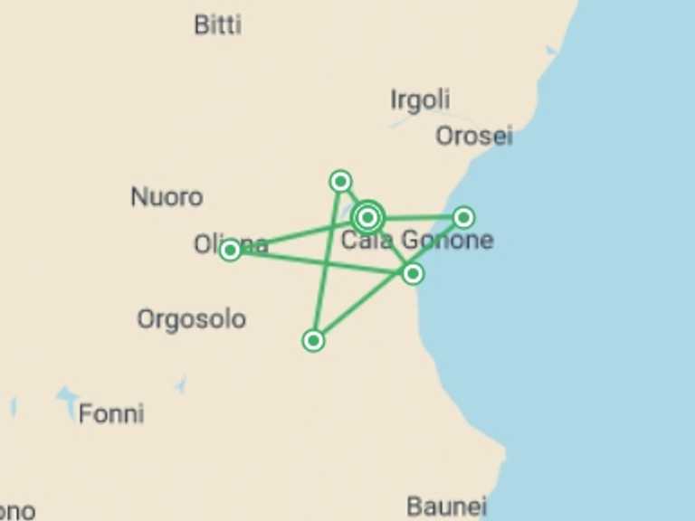 Map of a Trekking and Hiking Tour with 7 destination visits for the trip: Walking in Sardinia
