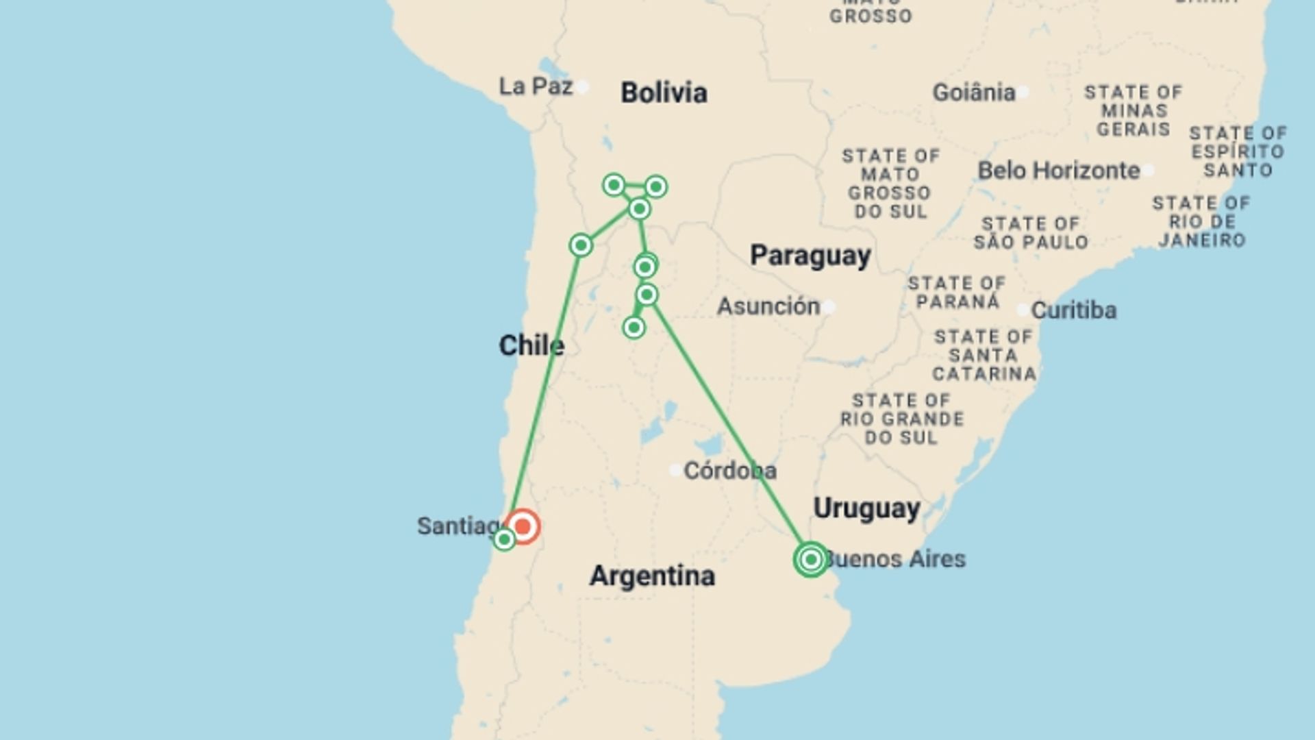A map showing the tour itinerary for the trip: Best of Argentina, Bolivia and Chile, starting in Buenos Aires, Argentina and ending in Santiago, Chile going through 9 other destinations.