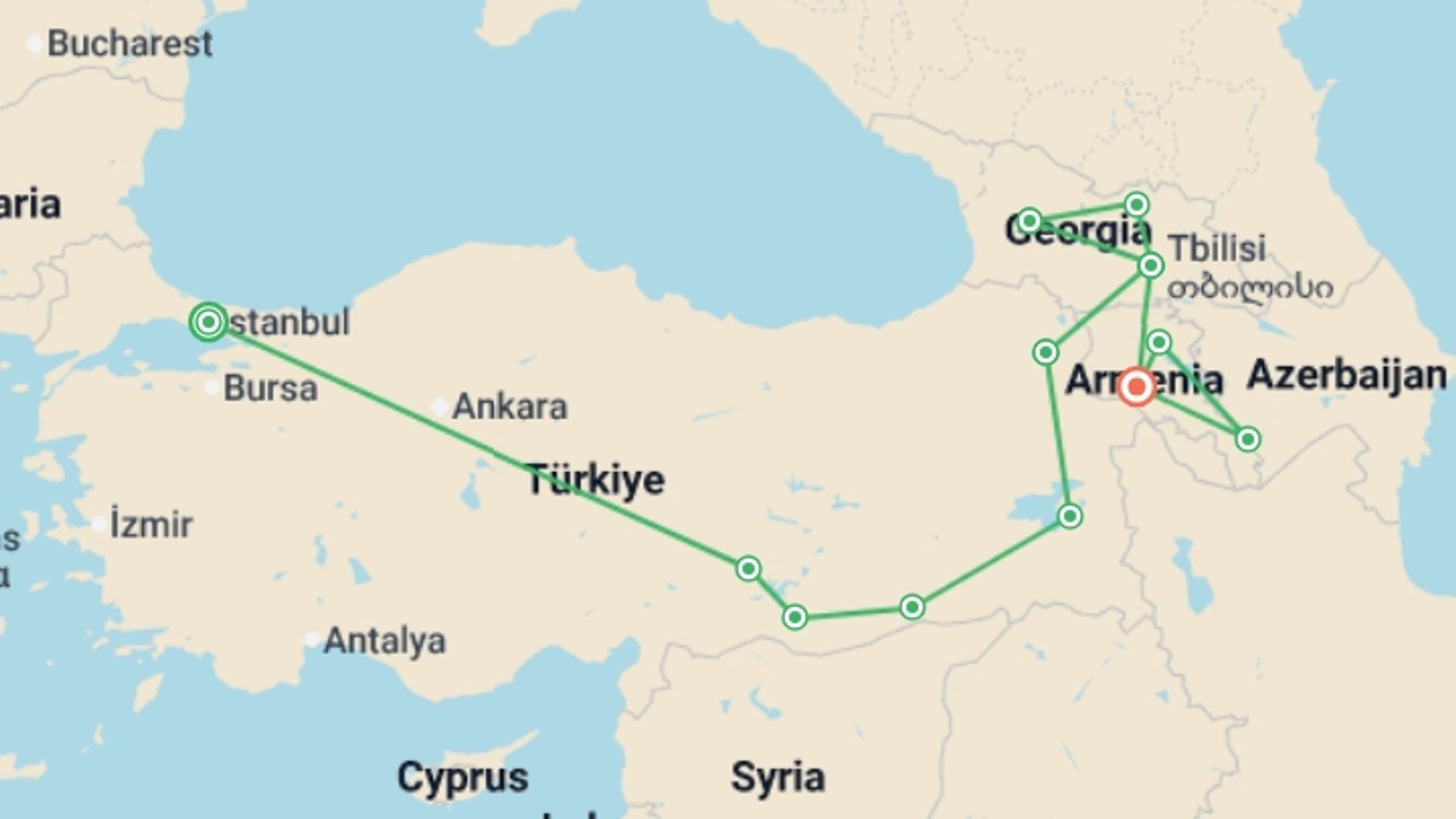A map showing the tour itinerary for the trip: Eastern Turkey, Georgia, & Armenia, starting in Istanbul, Turkey and ending in Yerevan, Armenia going through 10 other destinations.