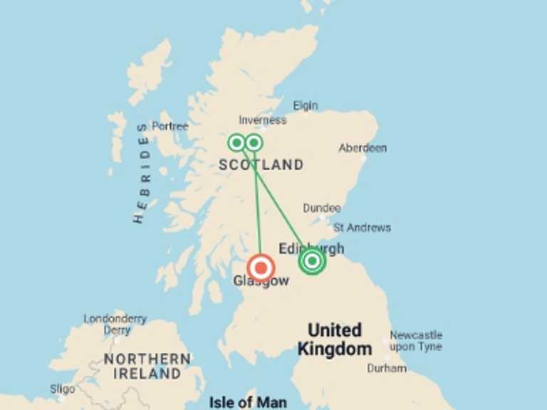 Map of Glasgow Cultural, religious and historic sites Tour with 3 destination visits for the trip: Scotland in a Week Reunion 35 to 45