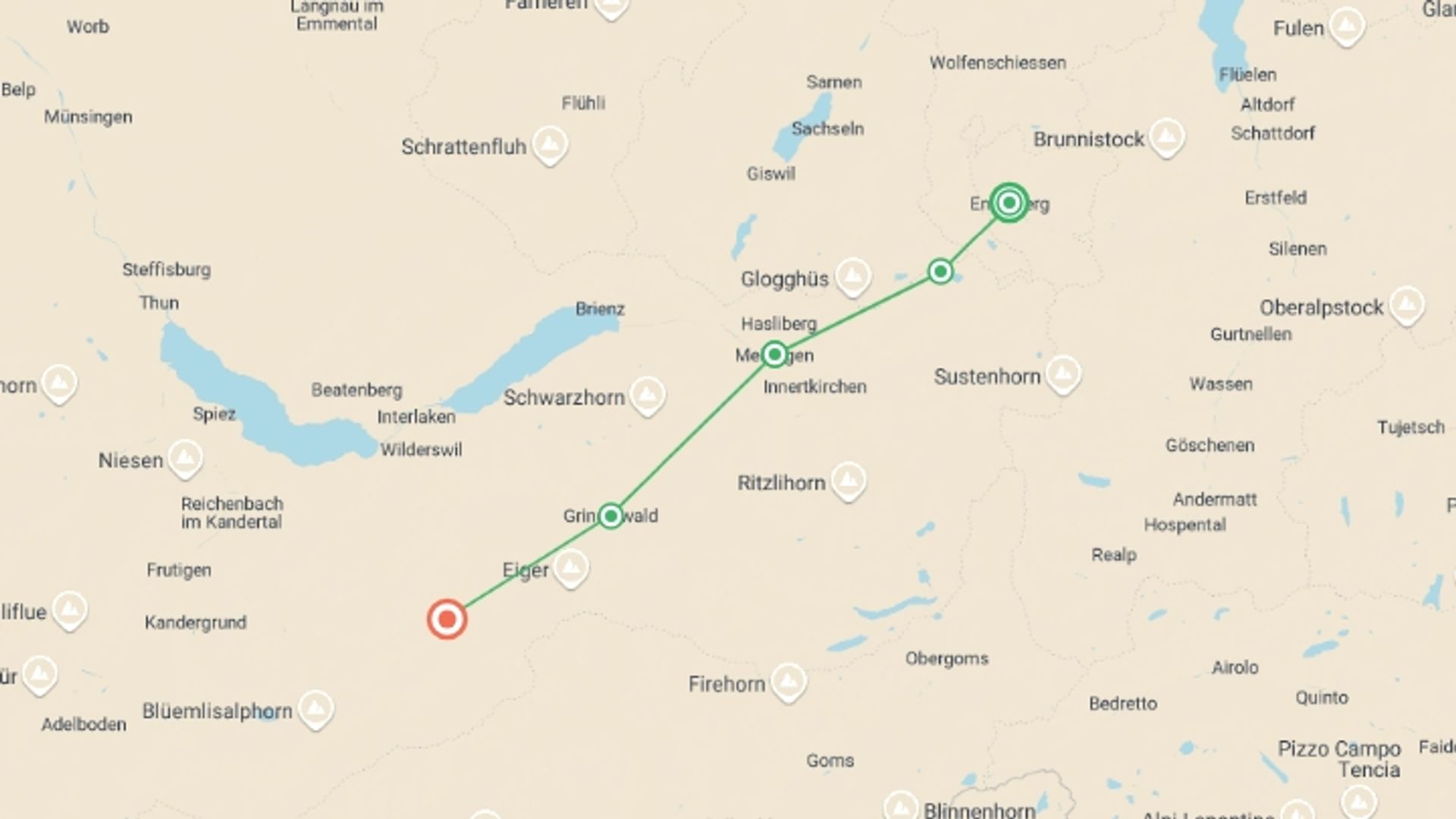 A map showing the tour itinerary for the trip: Walking the Bernese Highlights East, starting in Engelberg, Switzerland and ending in Mürren, Switzerland going through 4 other destinations.