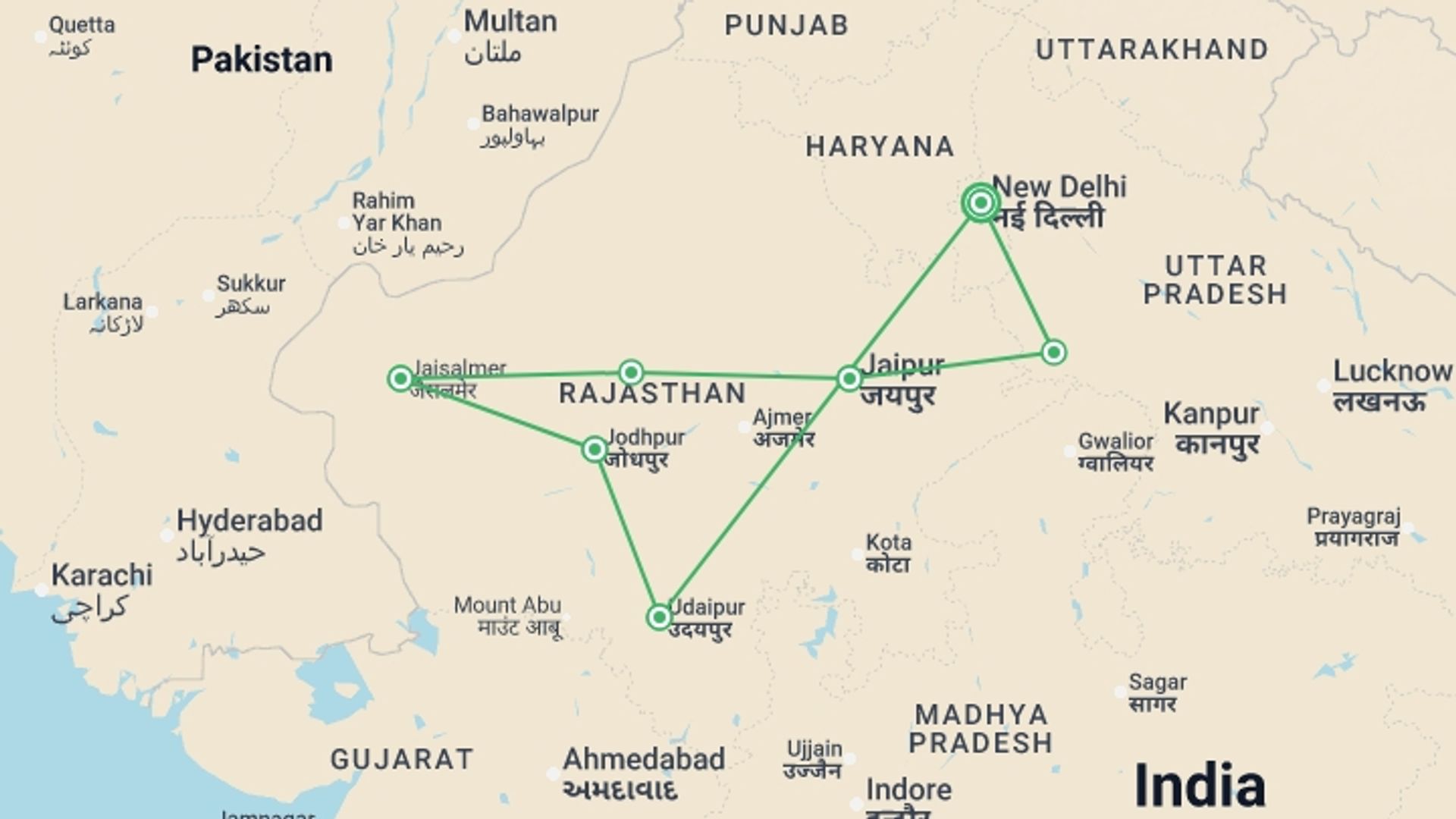 A map showing the tour itinerary for the trip: Imperial Rajasthan, starting in New Delhi, India and ending in New Delhi, India going through 6 other destinations.