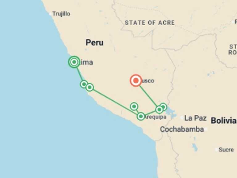 Map of South America Tour with 8 destination visits for the trip: Lima to Cuzco Travel Pass