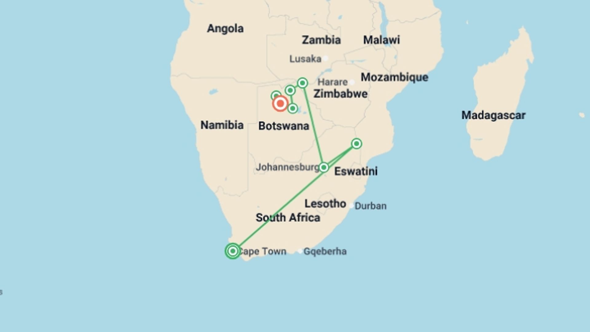 A map showing the tour itinerary for the trip: Cape to Delta Safari, starting in Cape Town, South Africa and ending in Maun, Botswana going through 6 other destinations.