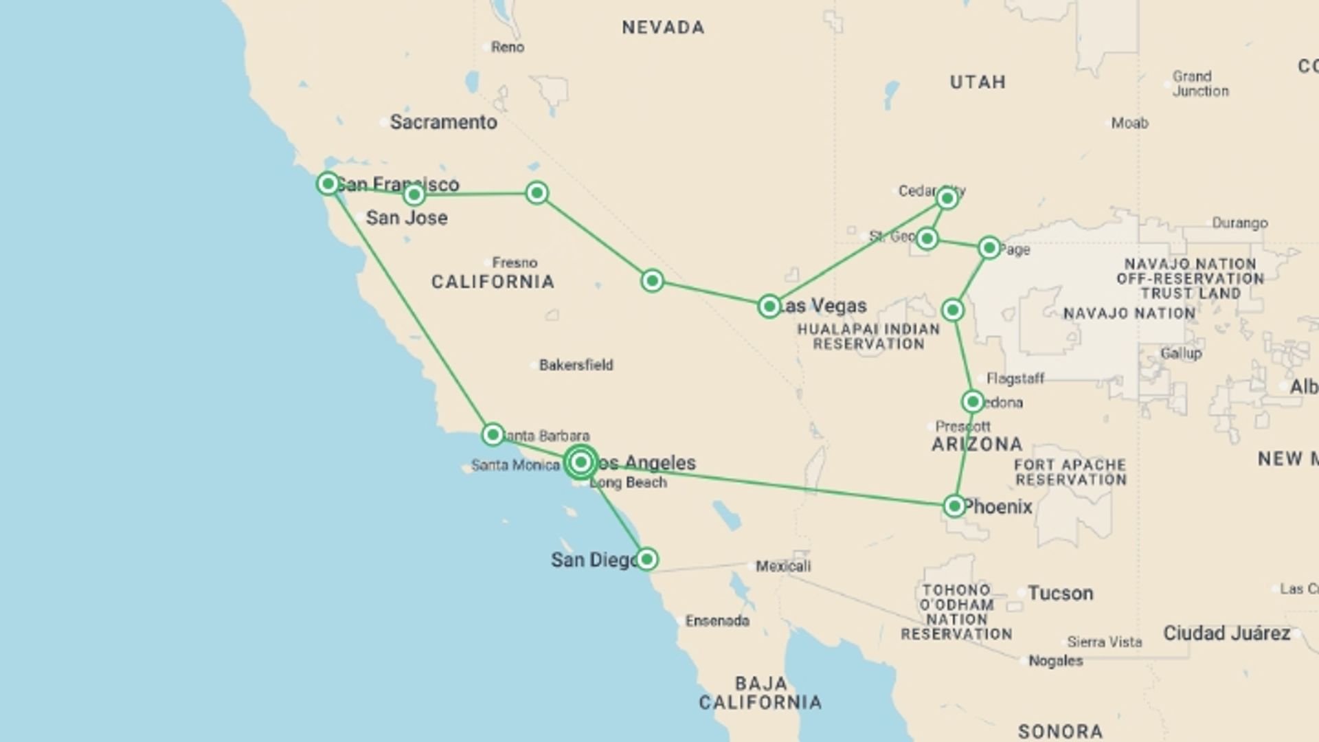 A map showing the tour itinerary for the trip: Los Angeles, Las Vegas & San Francisco - 15 days, starting in Los Angeles, USA and ending in Los Angeles, USA going through 6 other destinations.