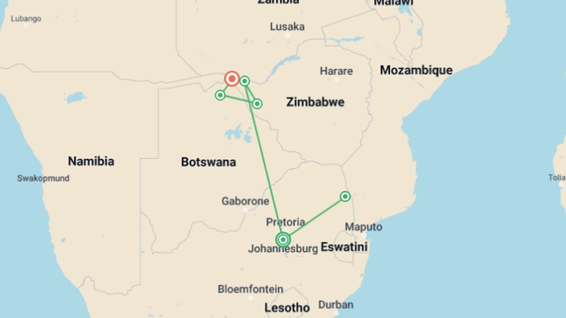 A map showing the tour itinerary for the trip: Southern Africa Safari: Kruger, Victoria Falls, Hwange & Chobe, starting in Johannesburg, South Africa and ending in Kasane, Botswana going through 4 other destinations.