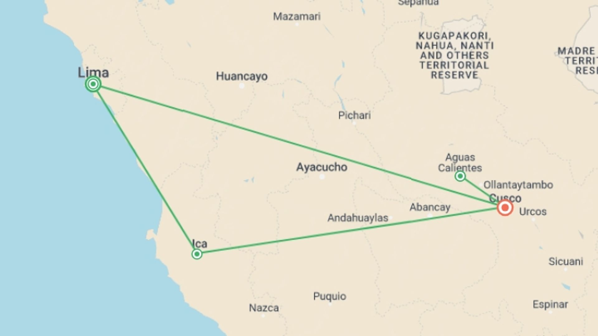 A map showing the tour itinerary for the trip: Five Days in Machu Picchu, Cusco & Huacachina, starting in Lima, Peru and ending in Cusco, Peru going through 2 other destinations.