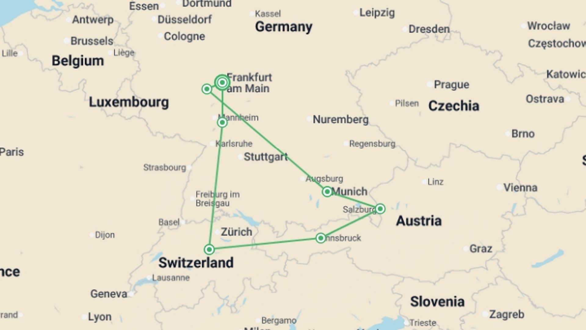 A map showing the tour itinerary for the trip: Winter Wonderland, starting in Frankfurt, Germany and ending in Frankfurt, Germany going through 6 other destinations.