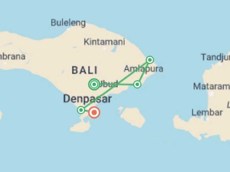 Map itinerary of Indonesia Tour in July 2027 with 5 destination visits for the trip: Bali Family Holiday with Teenagers