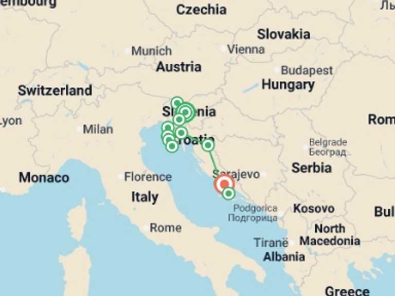 Map of Europe Tour with 5 destination visits for the trip: Slovenia to Split Superior - 9 days 