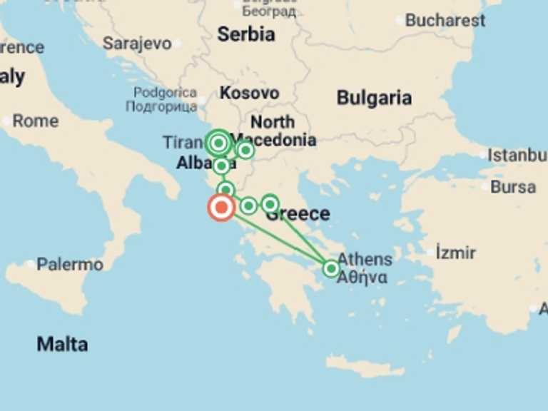 Map itinerary of Balkans Tour in August 2026 with 7 destination visits for the trip: Albania, Macedonia & Athens - 7 days