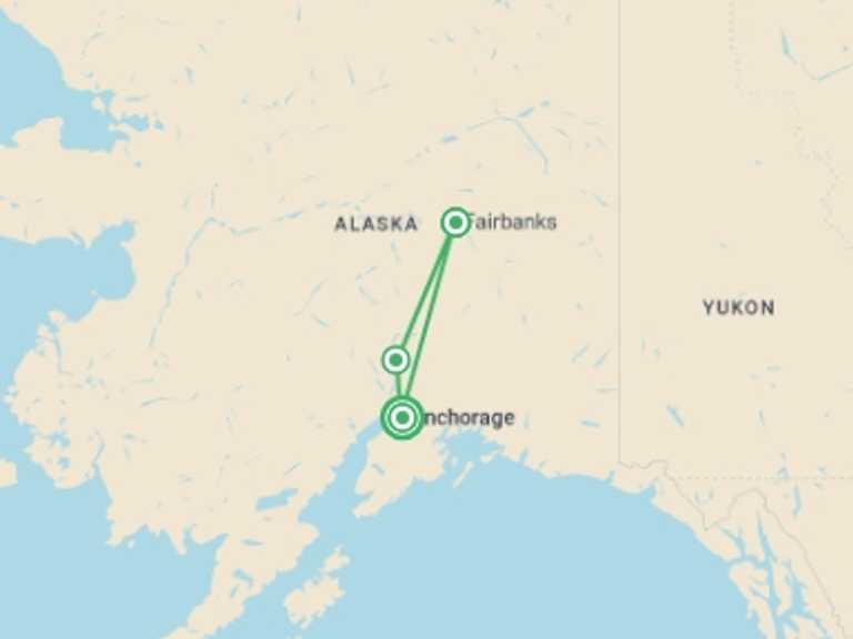 Map itinerary of USA Tour in Winter with 3 destination visits for the trip: Alaska's Northern Lights featuring the Alaska Wildlife Conservation Center