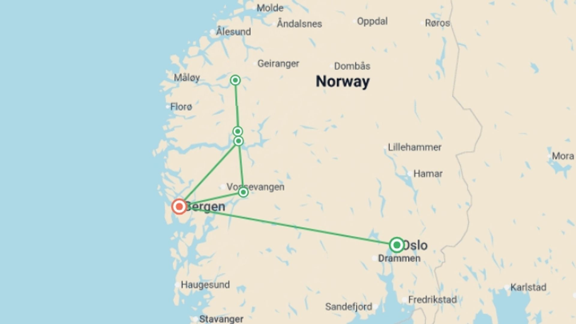 A map showing the tour itinerary for the trip: Norway: Fjords and Glaciers, starting in Oslo, Norway and ending in Bergen, Norway going through 4 other destinations.