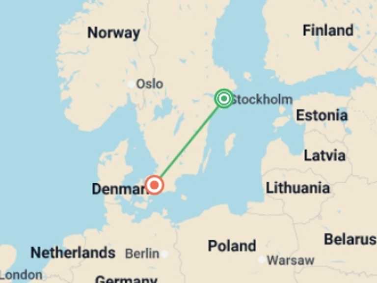 Map of Europe Tour with 2 destination visits for the trip: Stockholm to Copenhagen by Train - 9 days