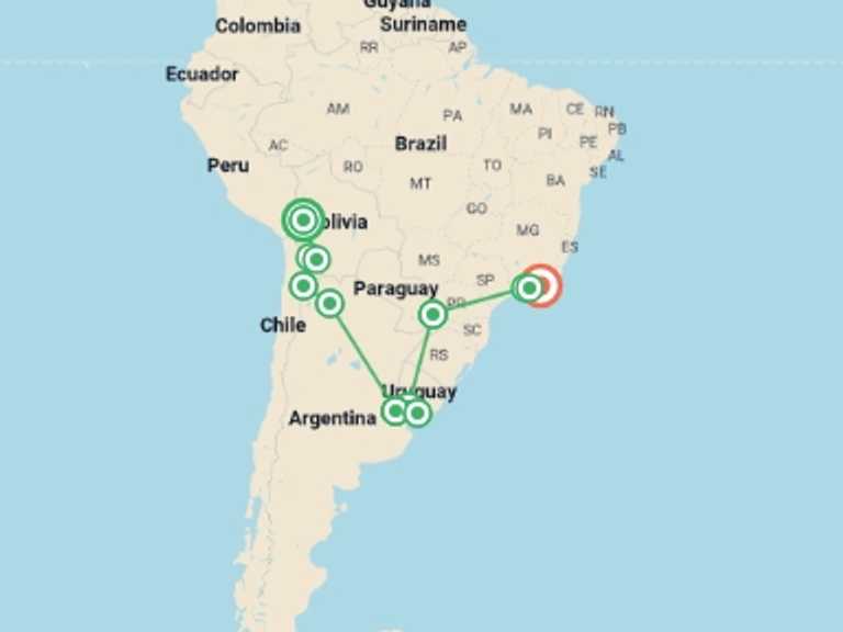 Map itinerary of Paraty Tour in December 2026 with 12 destination visits for the trip: Real Bolivia to Brazil