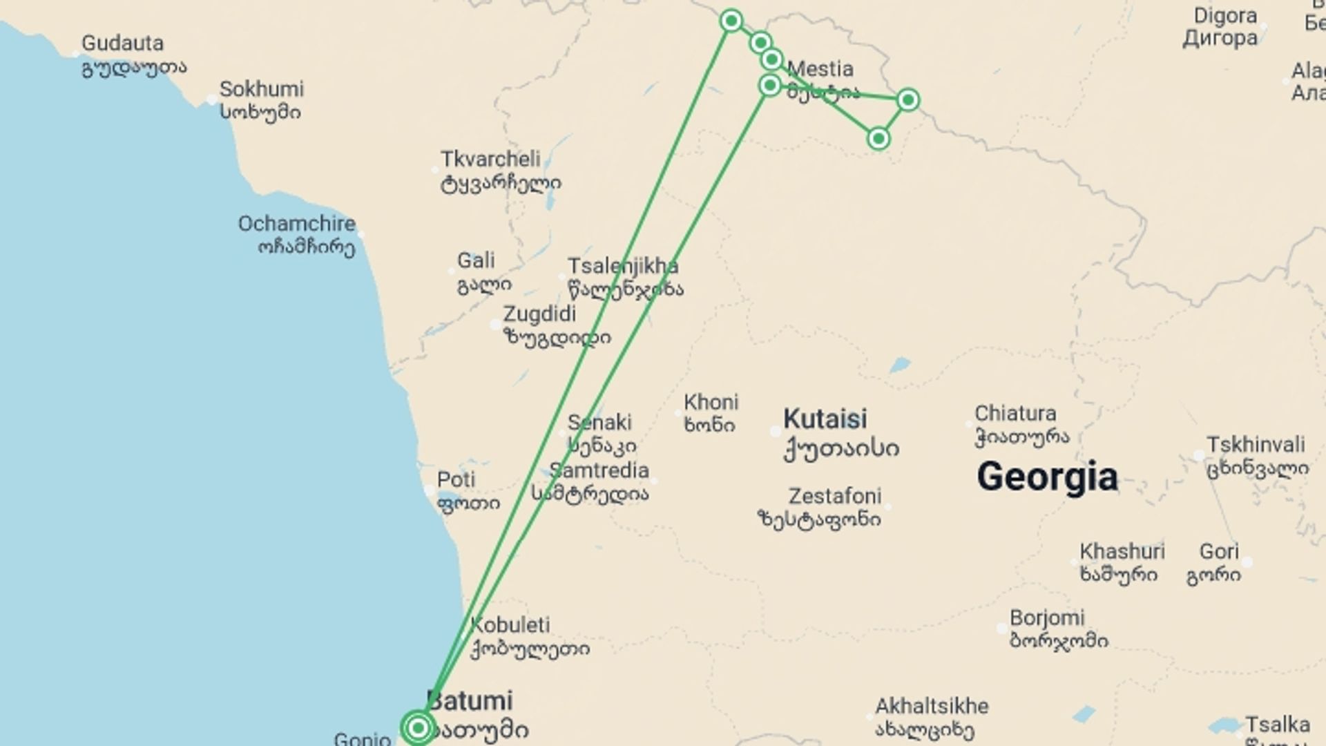 A map showing the tour itinerary for the trip: Hiking in the Georgian Caucasus, starting in Batumi, Georgia and ending in Batumi, Georgia going through 6 other destinations.