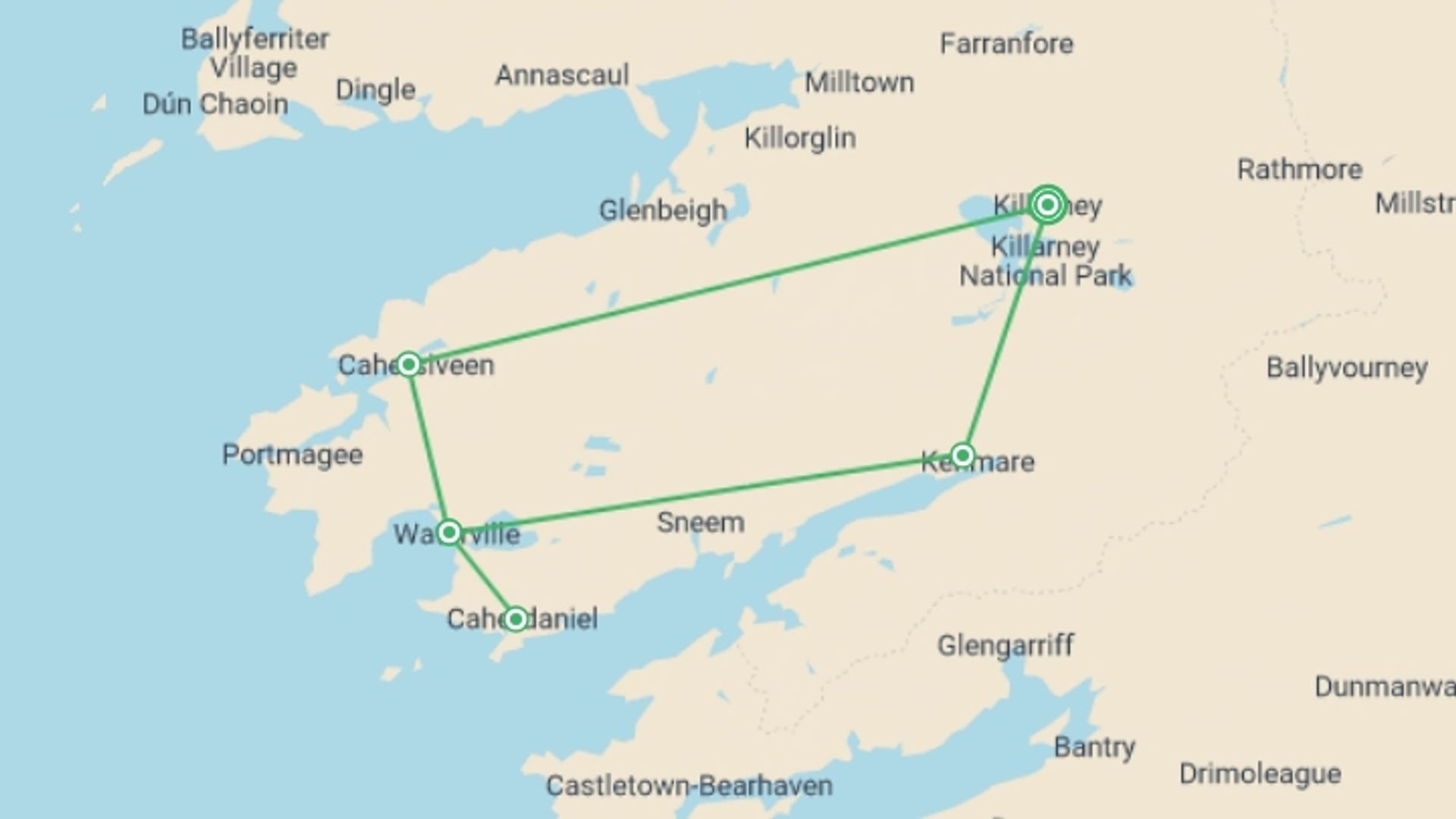 A map showing the tour itinerary for the trip: Ring of Kerry Walk, starting in Killarney, Ireland and ending in Killarney, Ireland going through 5 other destinations.