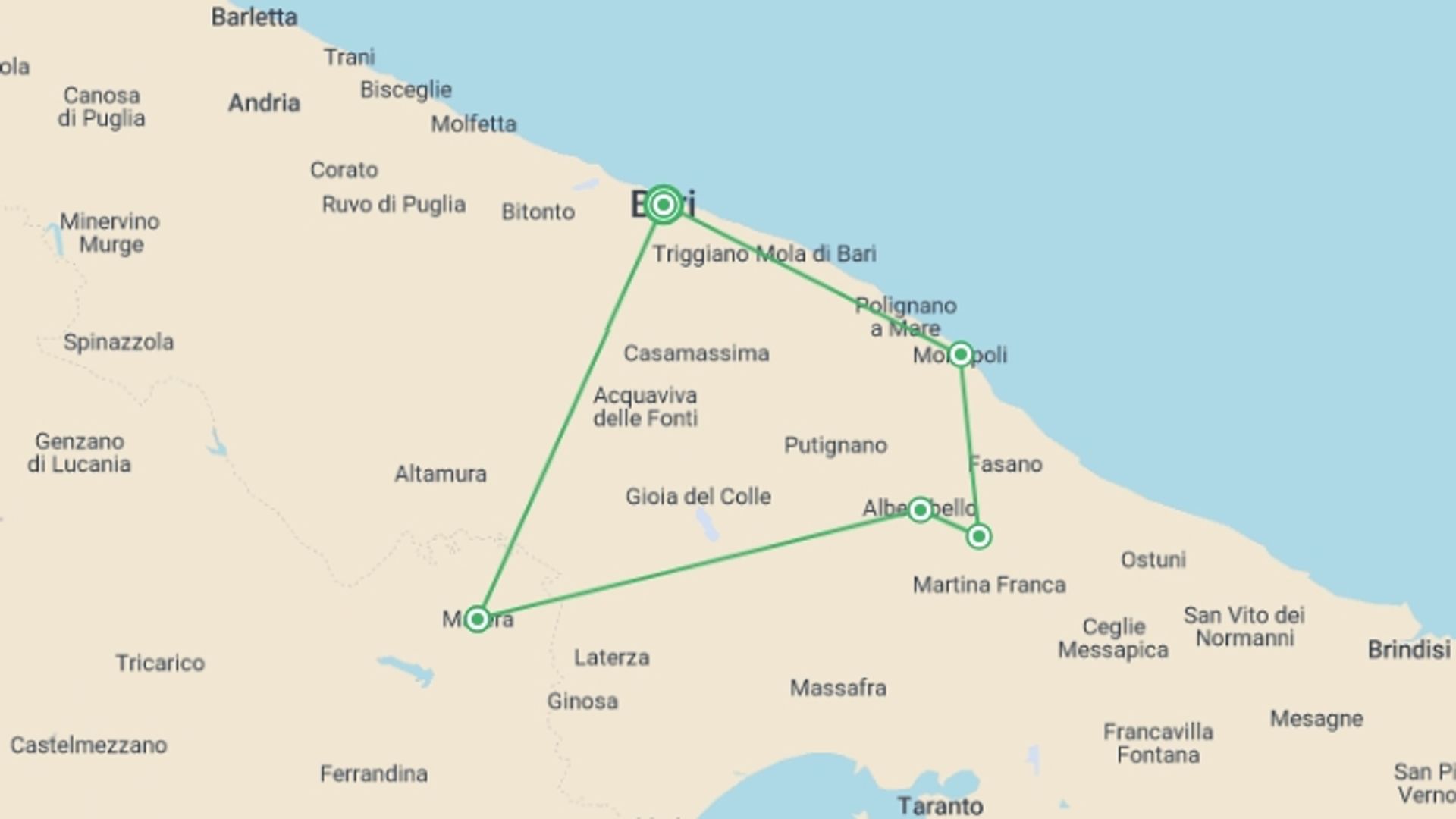 A map showing the tour itinerary for the trip: Journey through Puglia to Matera, starting in Bari, Italy and ending in Bari, Italy going through 4 other destinations.