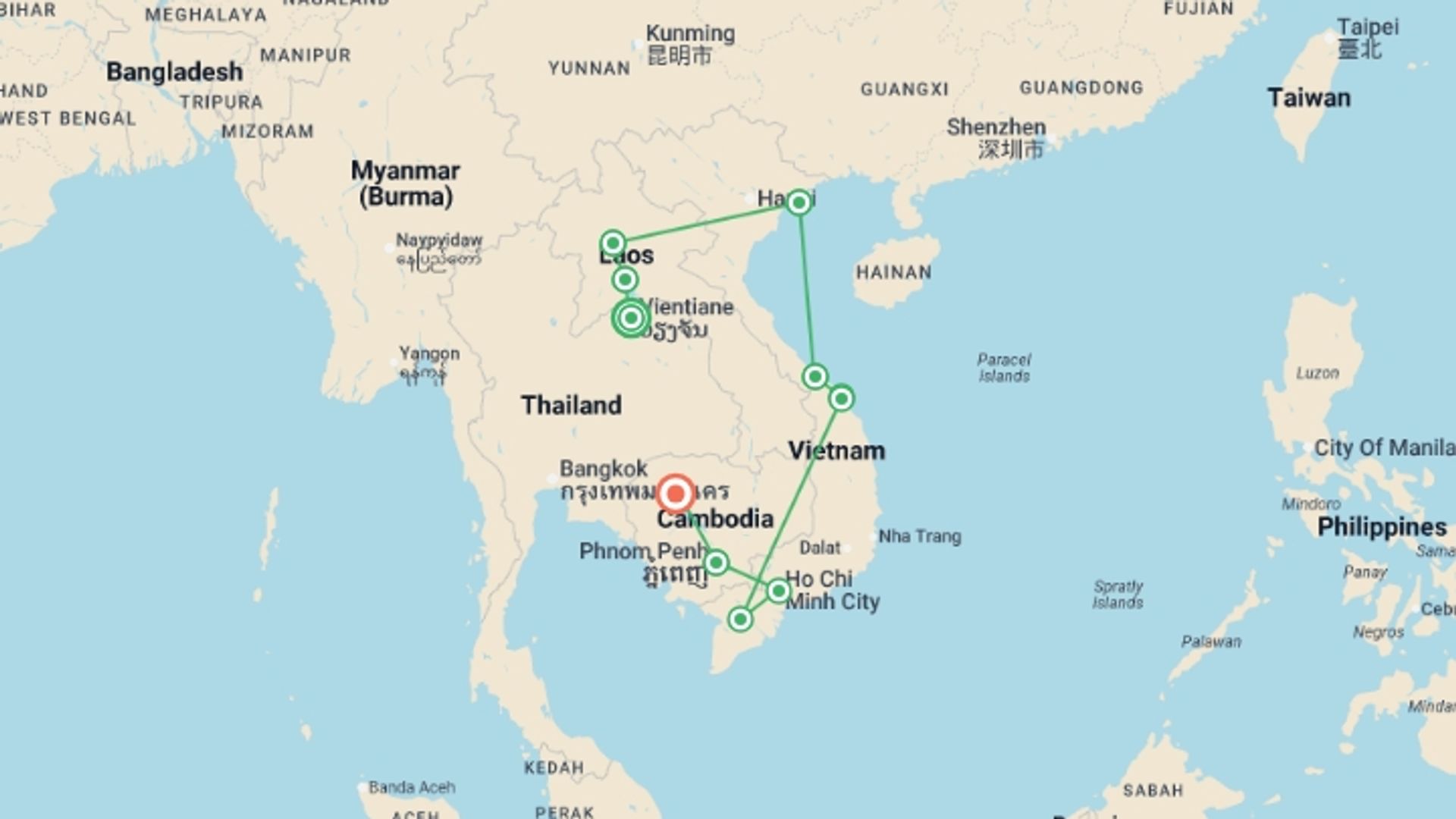 A map showing the tour itinerary for the trip: Inside Indochina - 21 days, starting in Vientiane, Laos and ending in Siem Reap, Cambodia going through 10 other destinations.