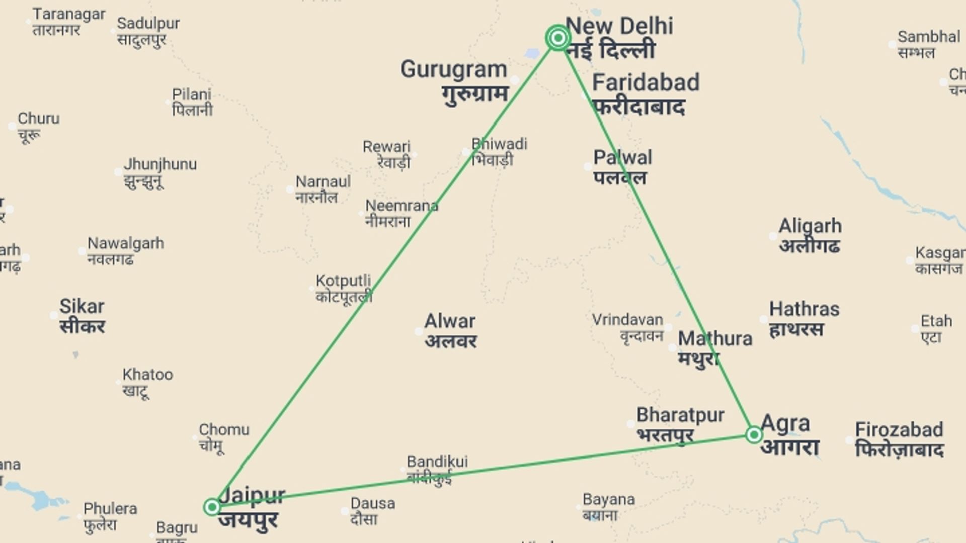 A map showing the tour itinerary for the trip: India's Golden Triangle, starting in New Delhi, India and ending in New Delhi, India going through 2 other destinations.