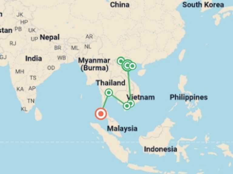 Map itinerary of South East Asia Tour in October 2026 with 8 destination visits for the trip: Vietnam & Thailand Deluxe Tour - 14 days