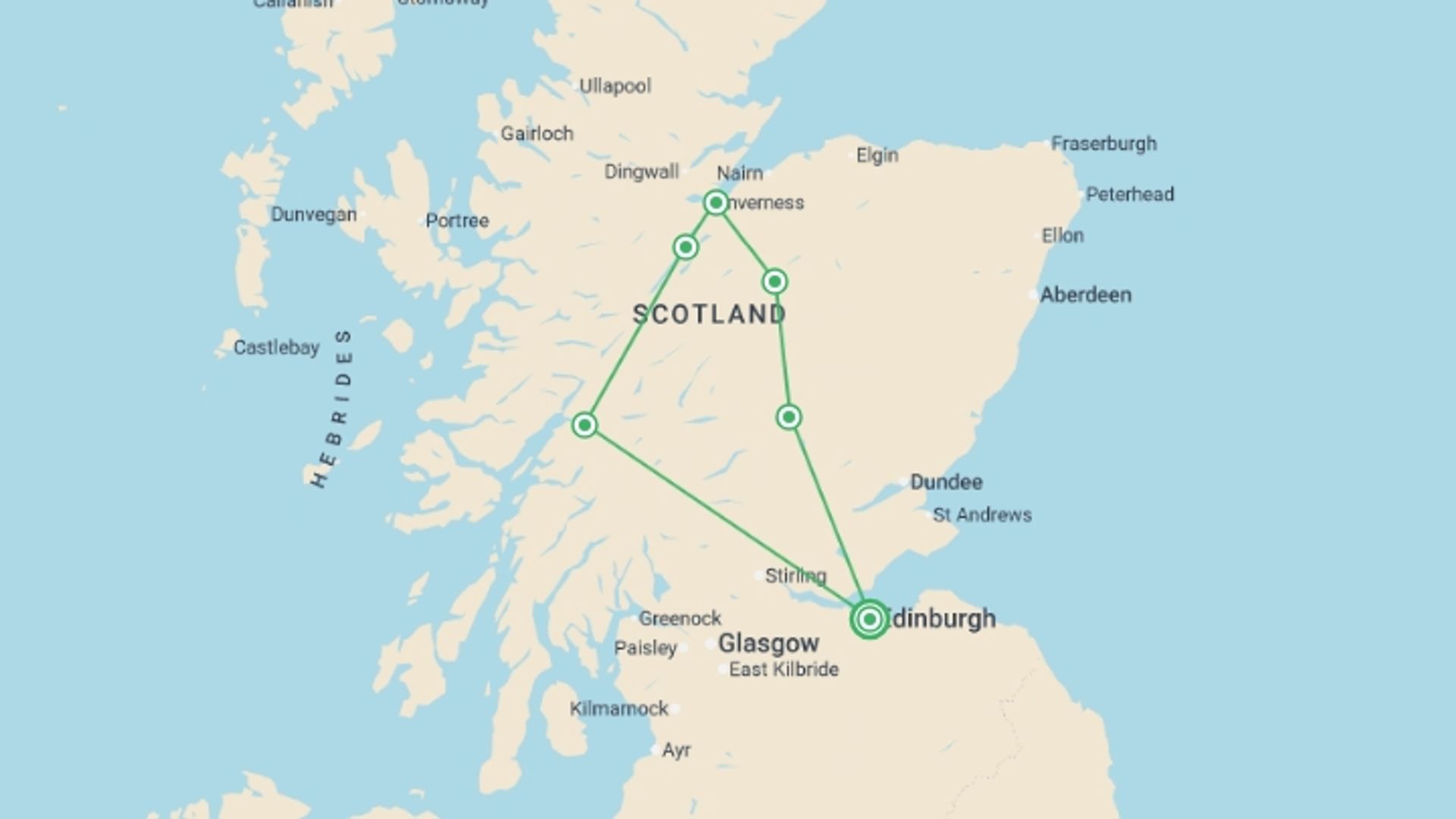 A map showing the tour itinerary for the trip: Loch Ness & Highlands Express (Hotel) - 2 days, starting in Edinburgh, Scotland and ending in Edinburgh, Scotland going through 1 other destinations.