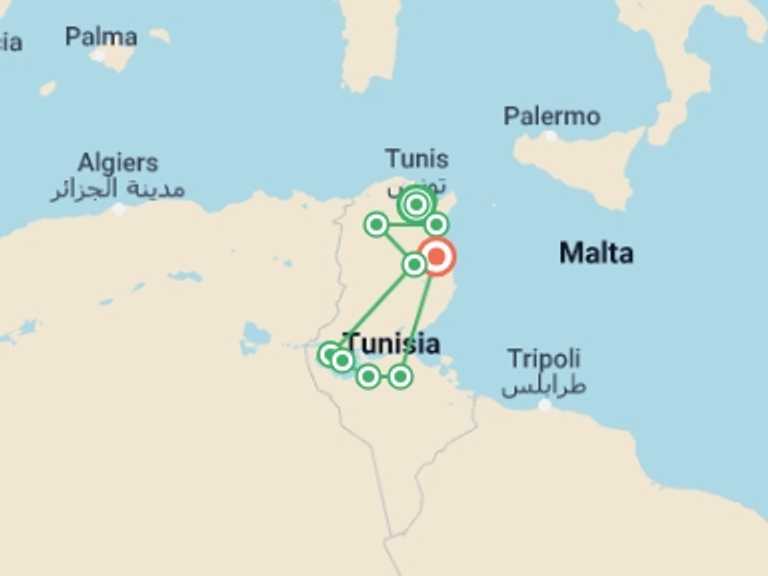 Map of Tunisia Tour with 6 destination visits for the trip: Tunisia Tour, Small Group Tour